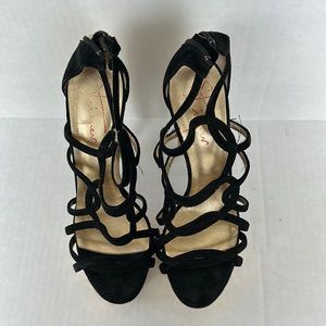 Size 10 Steiger velvet sandal with metallic gold platform heel